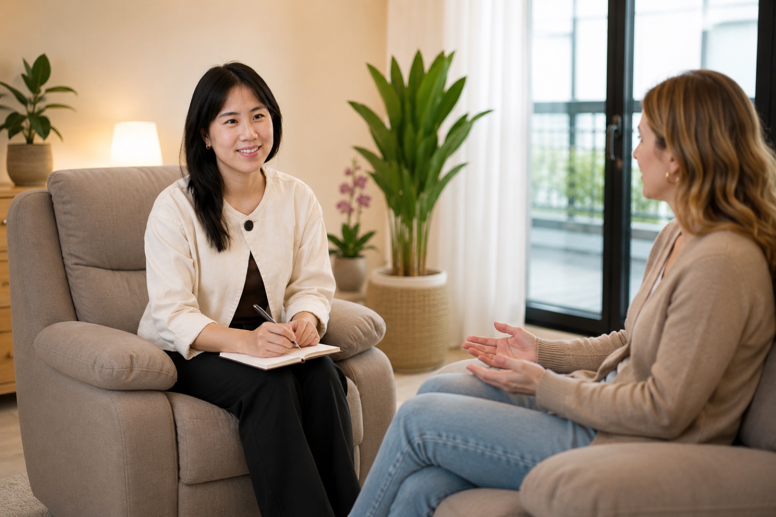 A psychotherapy session in a warm, plant-filled therapy room with natural light